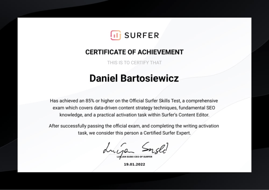 Certyfikat Eksperta SurferSEO Daniel Bartosiewicz min 1 1