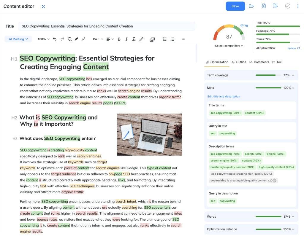 NeuronWriter Content editor – interfejs z content score i pokryciem terminów
