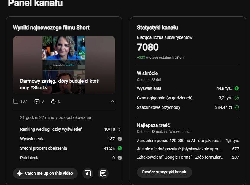 Współpraca reklamowa 2 Panel kanału YouTube: 7080 subskrybentów i 44,8 tys. wyświetleń w ostatnich 28 dniach