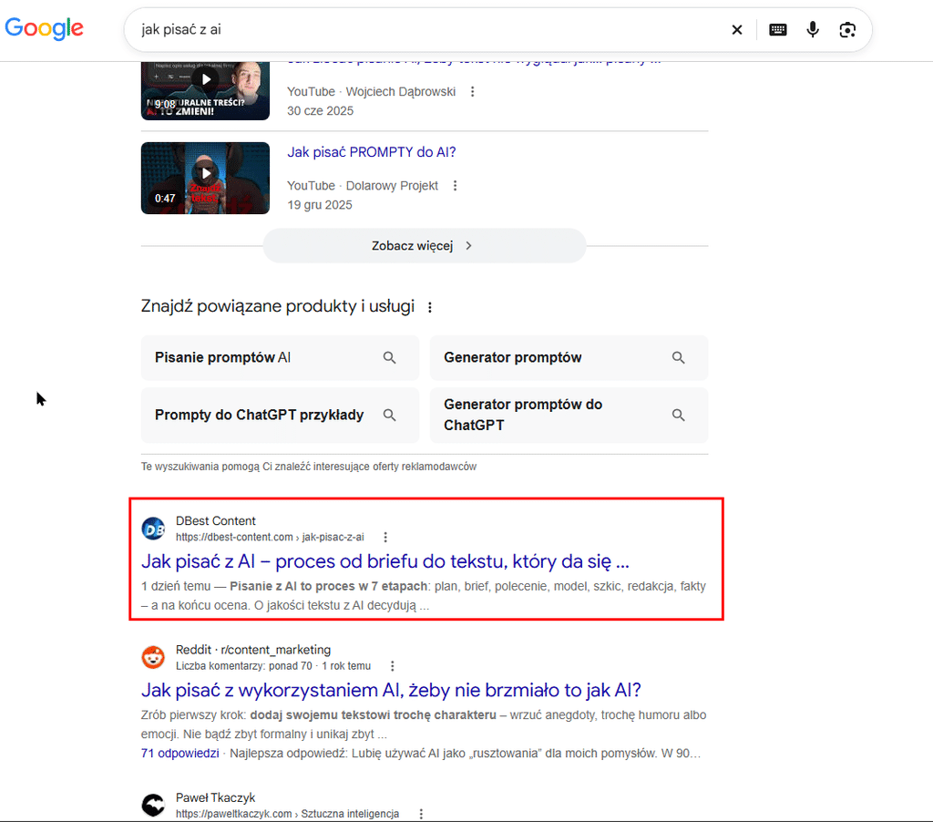 Wyniki Google dla frazy „jak pisać z ai” z artykułem DBest Content
