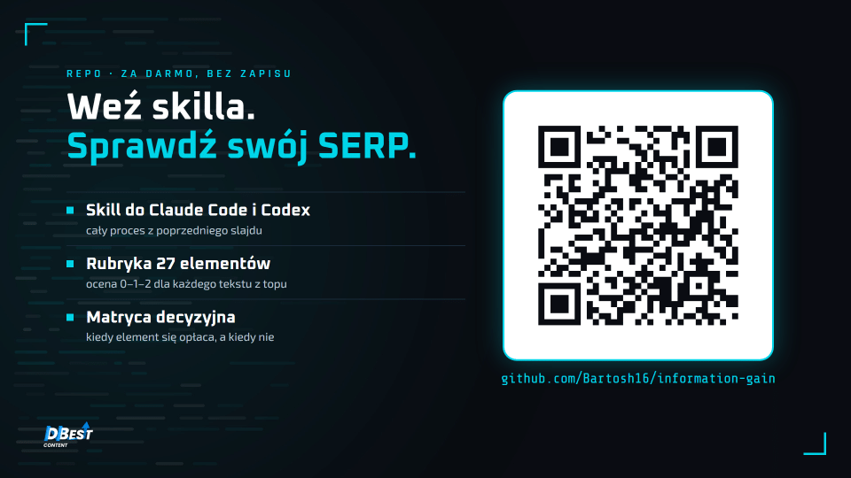 Slajd: weź skilla ig-sugestie i sprawdź swój SERP – kod QR do repozytorium information-gain