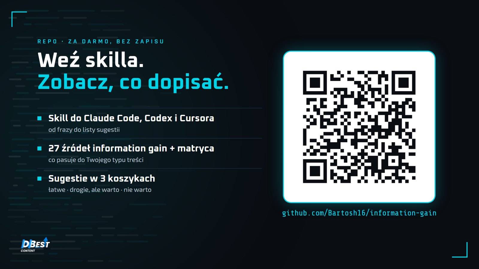 Slajd z kodem QR do repozytorium information-gain ze skillem ig-sugestie
